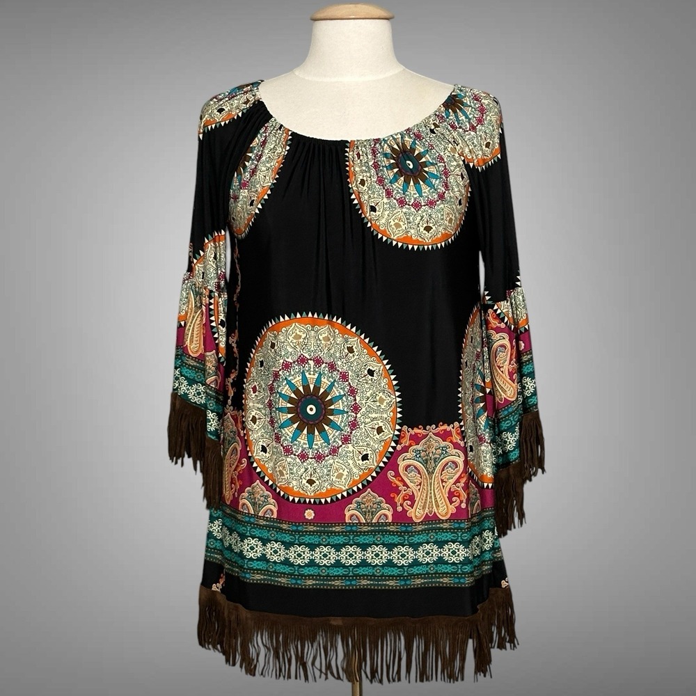 Vintage Lilypad Womens Dress S Black Tunic Fringed Mini Western Boho Cowgirl